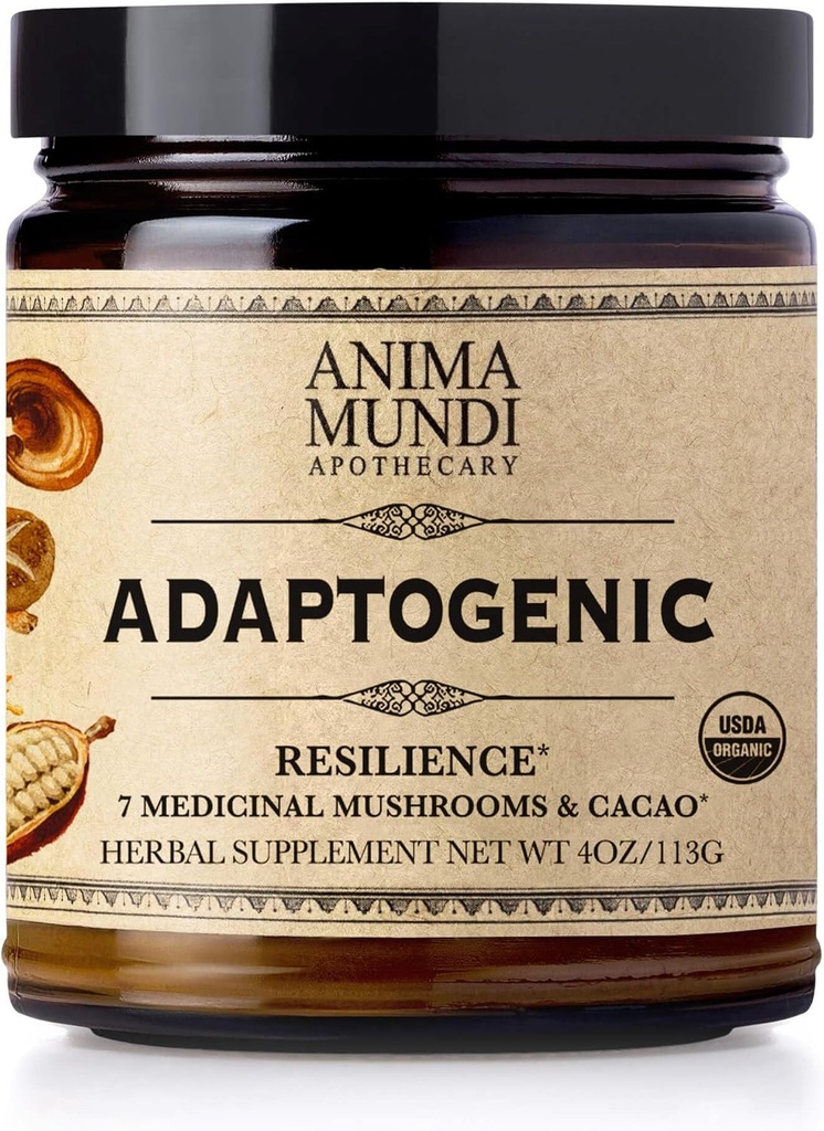 Anima Mundi Apothecary Organic Mushroom Supplement - Adaptogene svampe + Cacao - Opløftning Pulver med Organic Lions Mane, Shiitake, Chaga & mere - Tilføj til kaffe, te og smoothies (4oz / 113g)