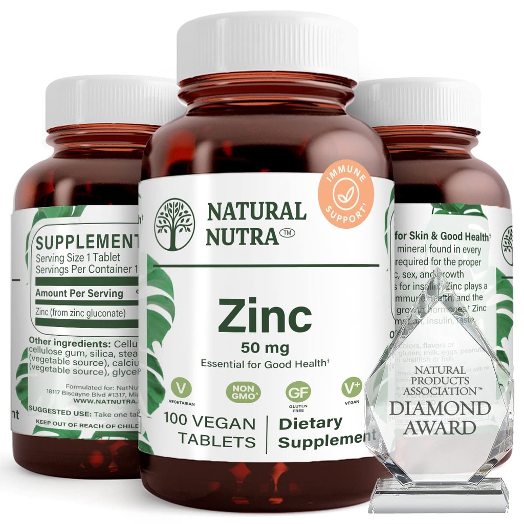 Naturlig Nutra Zink Gluconate 50mg supplement til immunforsvar, fremmer hud sundhed, giver nem fra influenza & kulde, Boost Learning & Hukommelse, øge smag & lugt, Gluten Free 50mg 100 Vegan tabletter