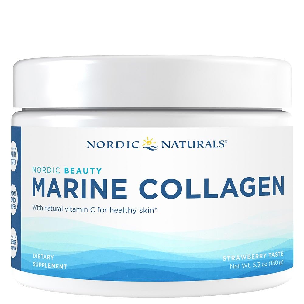 Nordic Naturals Nordic Beauty Marine Collagen Powder, Strawberry - 5.29 Ounces - Collagen Powder supplement til sund hud, joints og knogler, C-vitamin til antioxidant support - 30 Servere