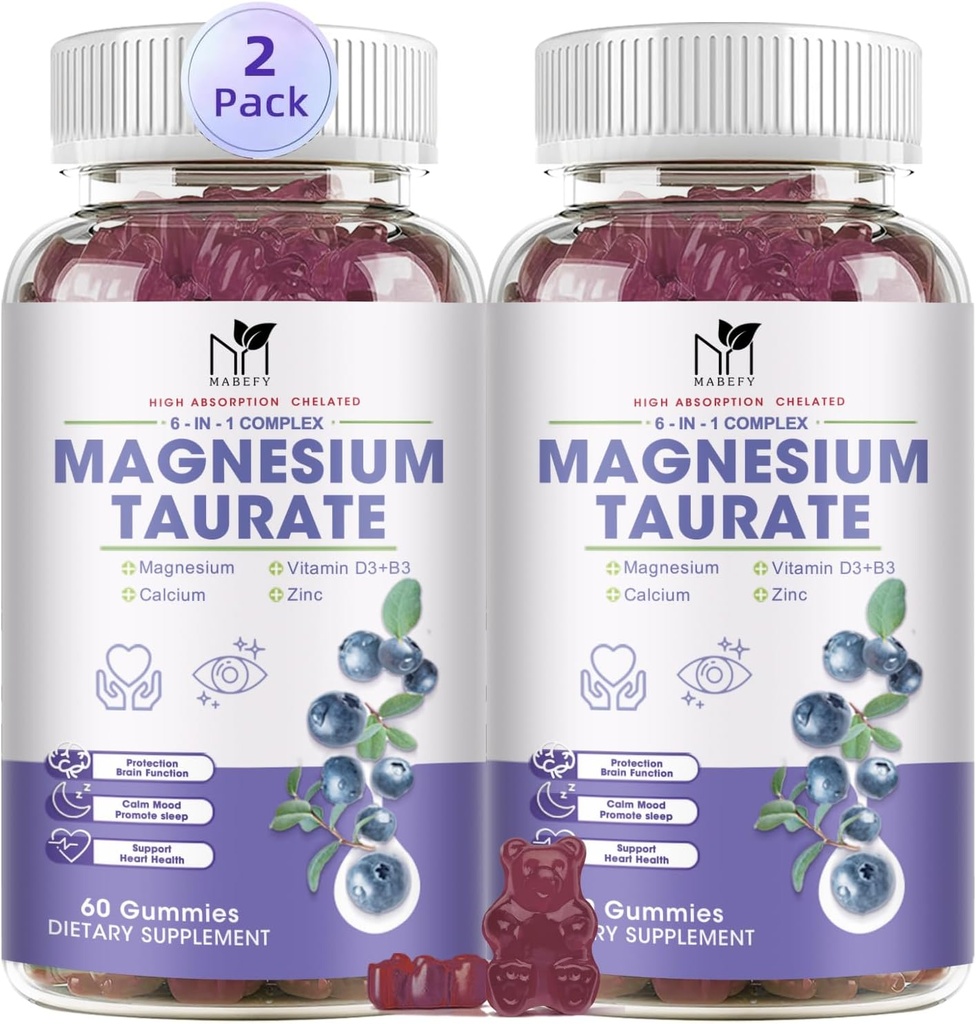 2 Pack Magnesiumsupplement - Magnesium Taurat Magnesiumglycinat Glycinat Gummies med Magnesium Aspartat, Malat, Chewable Magnesium Complex til søvn, muskel, og hjerte sundhed støtte