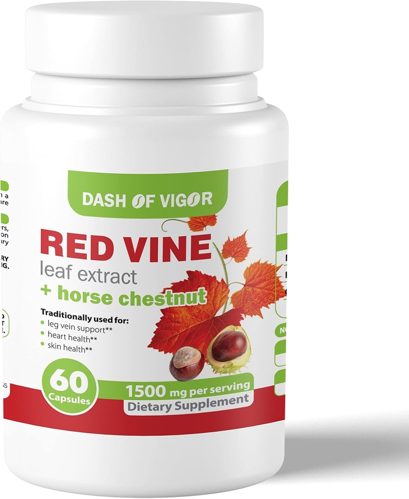Dash of Vigor Red Vine Leaf Extract (Vitis Vinifera) and Horse Chestnut Extract, Red Vine Extract for Healthy Skin, Leg Veins, Circulation, and Heart, 1500 mg, 60 Capsules
