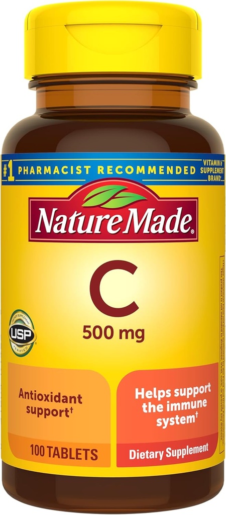 Nature Made C-vitamin 500 mg kapsler, 100 greve, til immunstøtte, Gluten Free