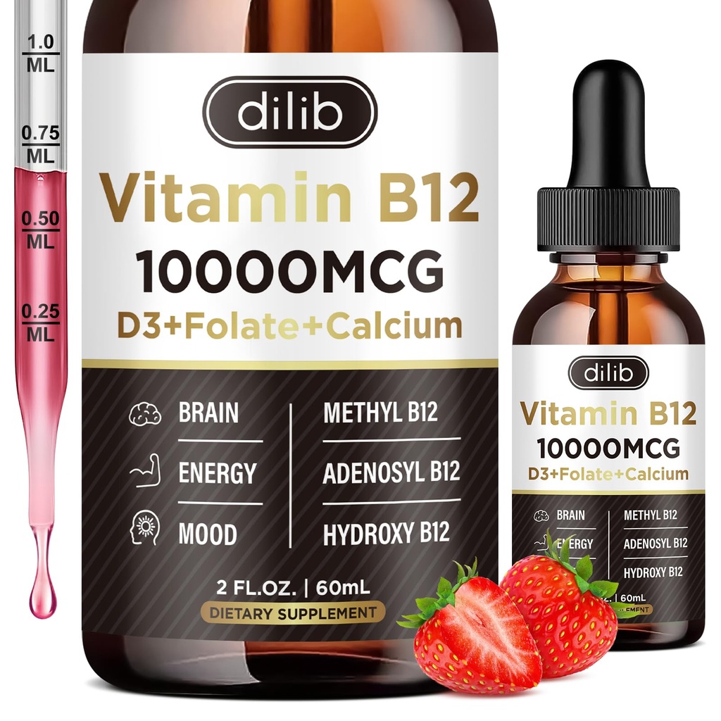 Vitamin B12 Liquid Drops Sublingual 10000 mcg, Triple B- 12 Complex Supplement, Methyl & Methylcobalamin Blend for kvinder & mænd, Mood & Energy Booster, Metyleret B 12 for Metabolisme & Sundhedsstøtte