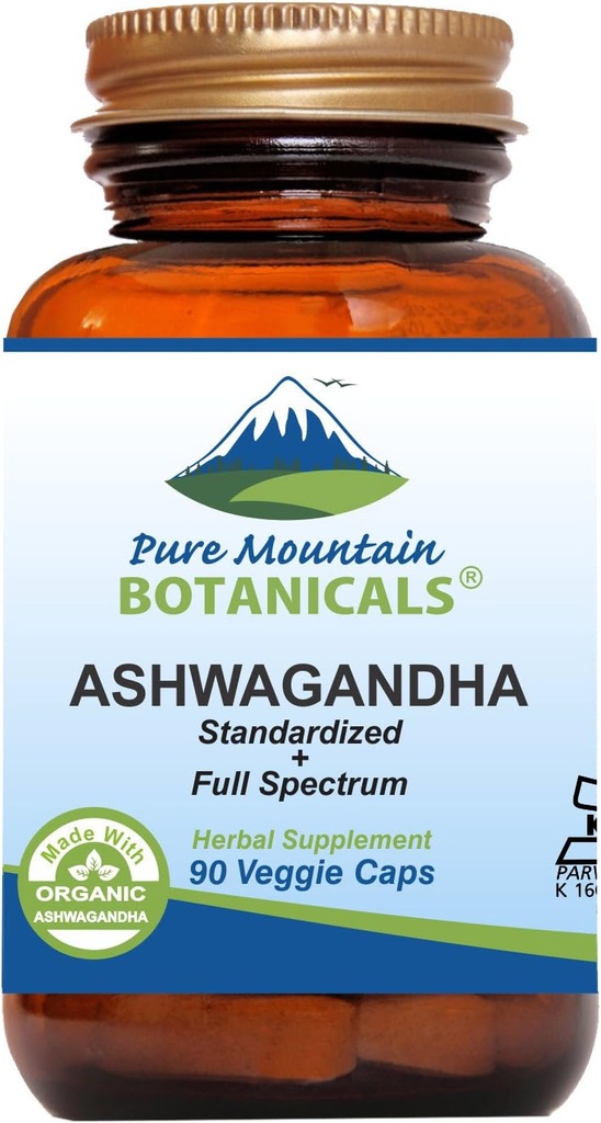 Pure Mountain Botanicals Ashwagandha Kapsler - 90 Kosher Vegan Caps med 475mg Organic Ashwagandha Root & Potent Ashwagandha Extract