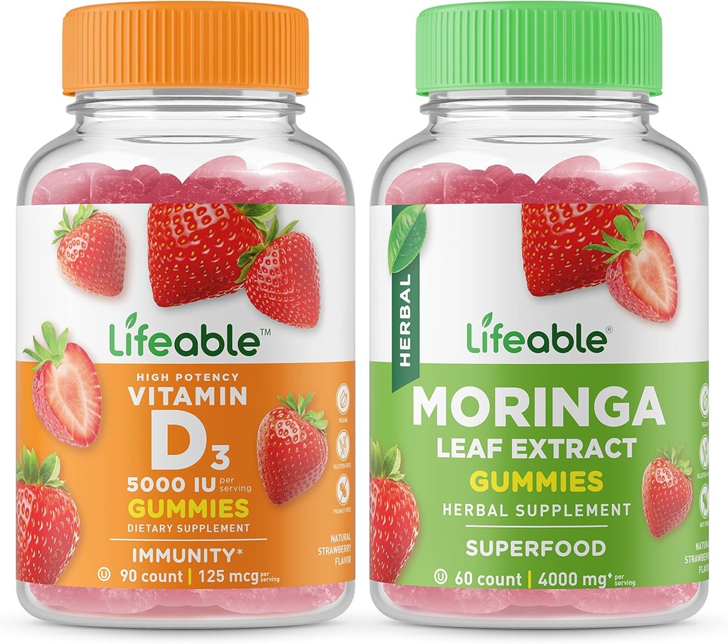 Lifeable D 5000 IE + Moringa Leaf, Gummies Bundle - Great Tasting, Vitamin supplement, Gluten Free, GMO fri, Chewable Gummy