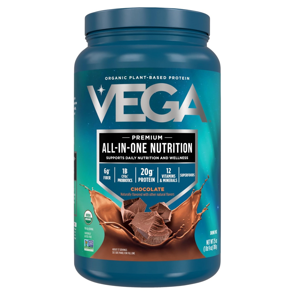 Vega Organic All- in- One Vegan Protein Powder, Chocolate - Superfood Ingredients, Vitaminer for Immunitet Support, Keto Friendly, Pea Protein for Women & Men, 25 Oz (Packaging May Vary)