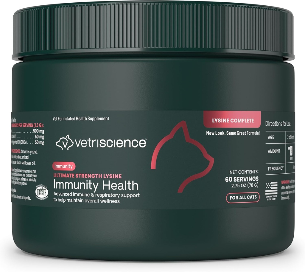 VetriScience Ultimate Strength Lysine Immunity Health Powder for Cats & Kittens, Supplement for Allergy & Nasal Support, Sneezing, Runny Nose & Watery Eyes, Chicken & Cheese Flavor, 60 Count -New Look