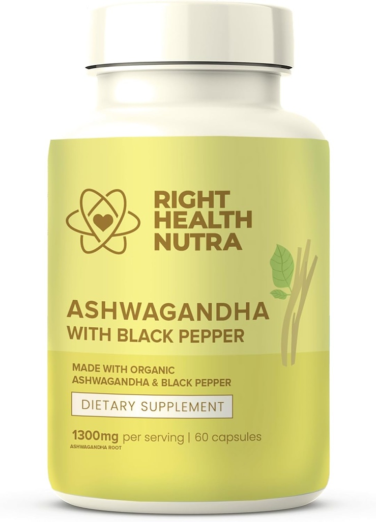 Right Health Nutra Ashwagandha Capsules - 60 Count - 1300mg Per Serving - Ashwagandha for Men and Women with Black Pepper for Maximum Absorption - Supplements Made in The USA