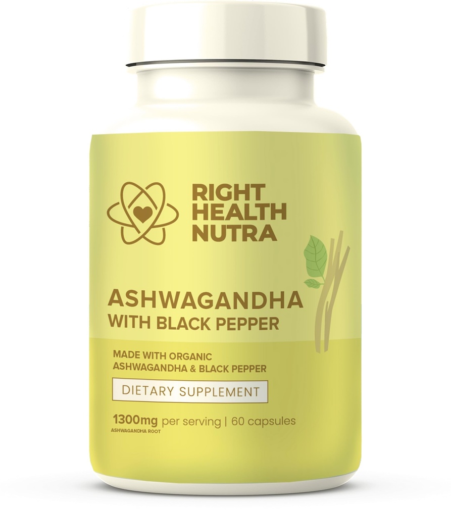 Right Health Nutra Ashwagandha Kapsler - 60 Greve - 1300mg Per Serving - Ashwagandha til mænd og kvinder med sort peber for maksimal absorption - Kosttilskud Made in USA