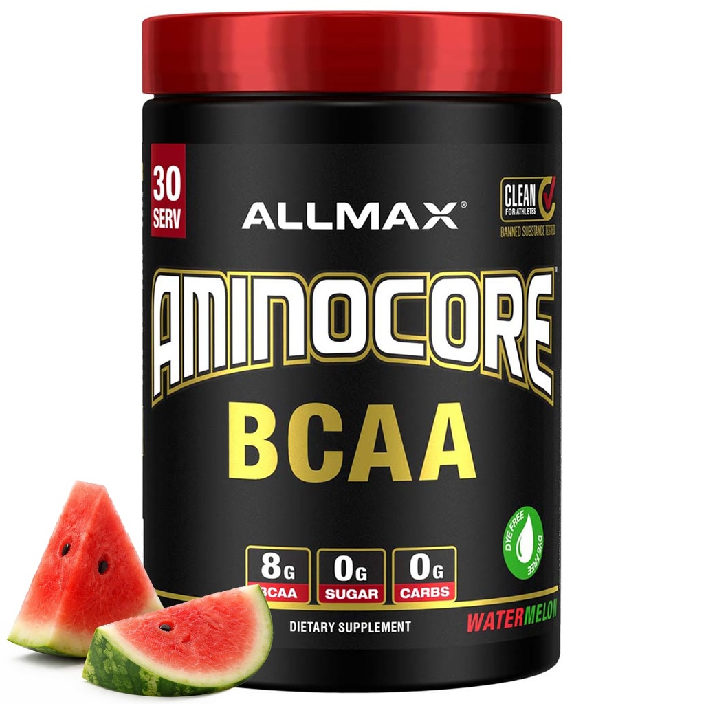ALLMAX Nutrition AMINOCORE BCAA - 8G BCAA - 100% Pure Branch Kædede Aminosyrer - Gluten Free - Watermelon - 315 Gram