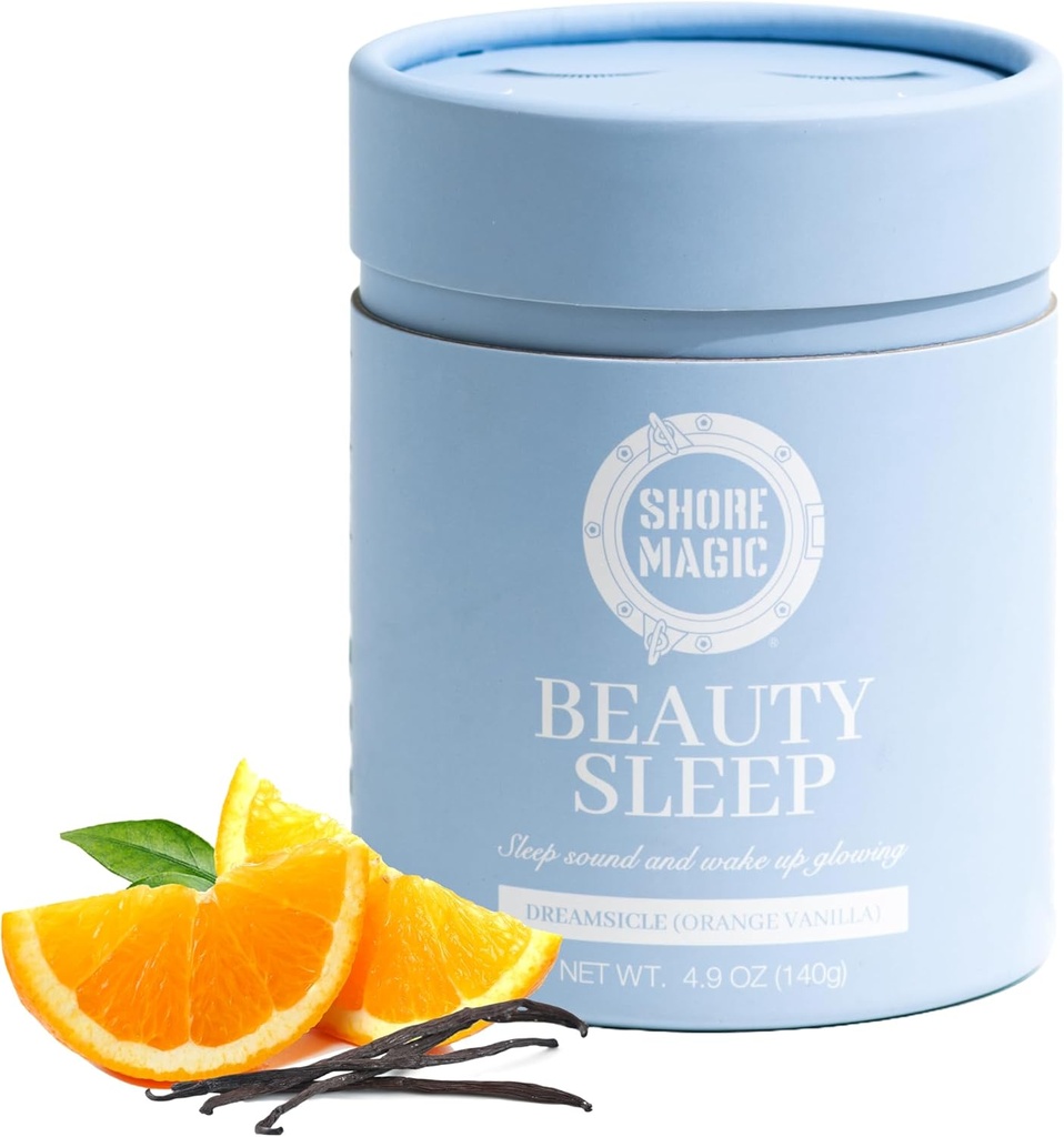 Shore Magic Beauty Sleep med Premium Marine Collagen - Hydrolyzed Type I- IV Peptider med Magnesium & L- Theanin, fremmer afslapning og rolig søvn, Orange- Vanilla Flavor, Sugar- Free, Melatonin- Free
