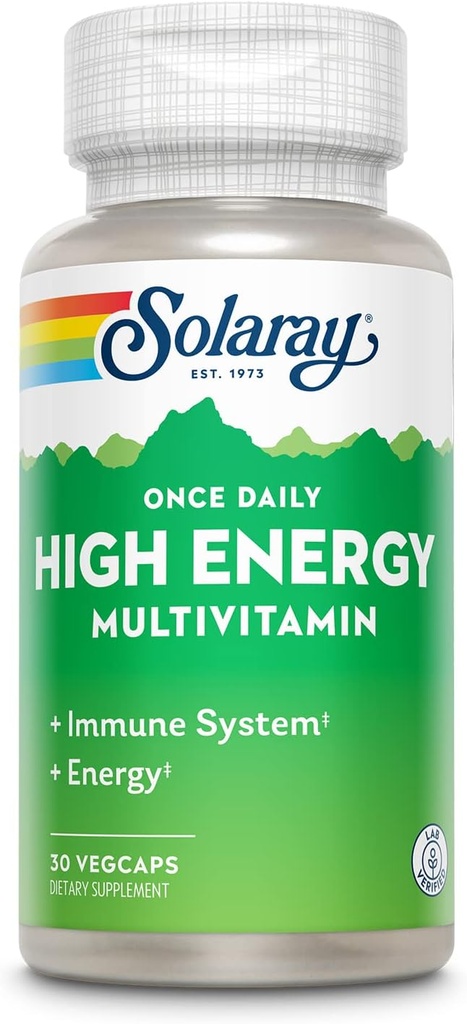 SOLARAY En gang Daglig High Energy Multivitamin for kvinder og mænd - Energitilskud - Immunstøtte w / C-vitamin, A, D og E, B-vitamin kompleks, Trace Minerals, 60-dages garanti, 30 Serv, 30 VegCaps