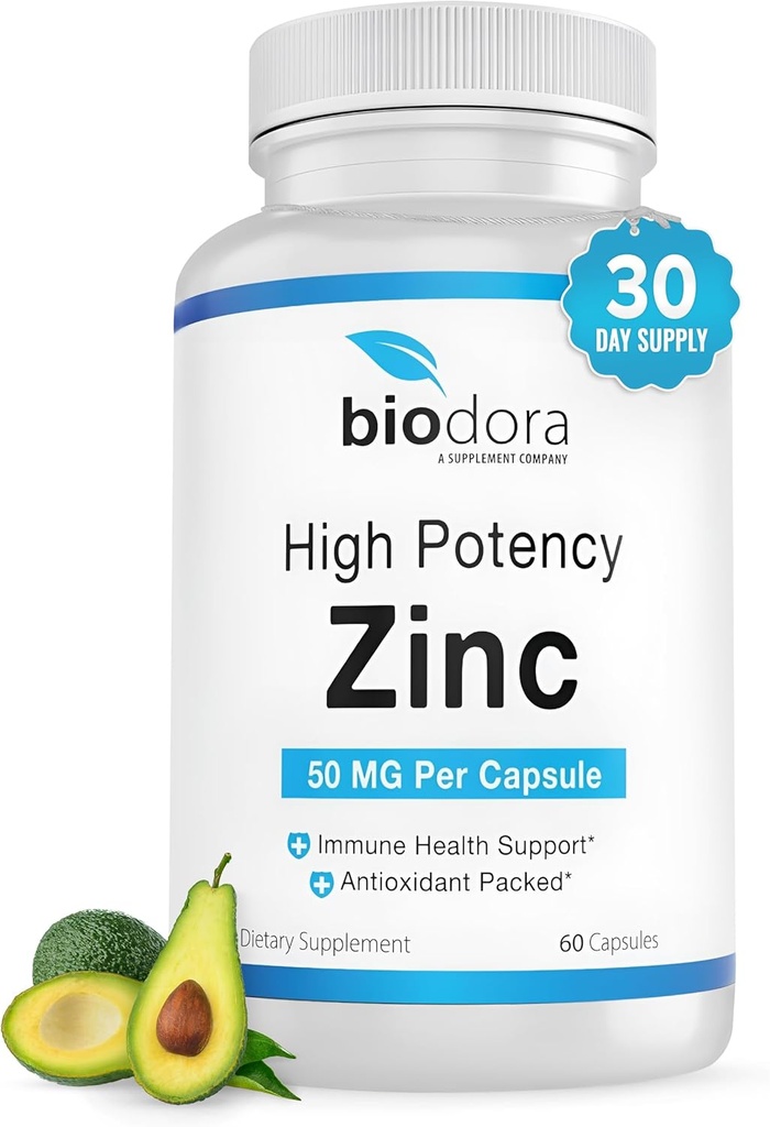 Zink høj potens, Ingen GMO, Vitaminer for god hud, immunforsvar supplement & antioxidant, Vegan, 50mg Per Servering, 60 kapsler, Ikke aromatiseret