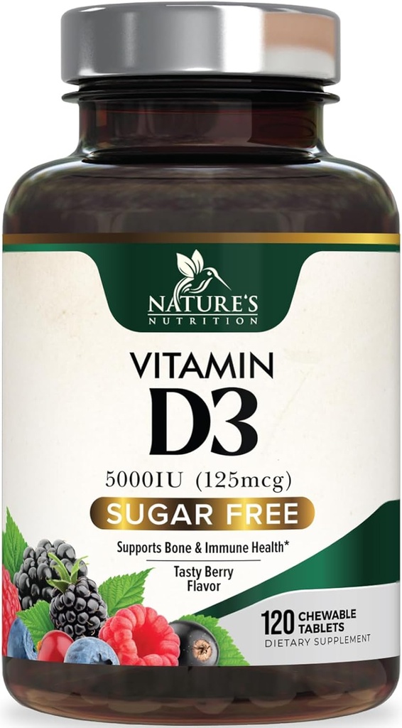 D3 5000 IE (125 mcg) Nature 's Extra Strength Vitamin D Supplement Chewable for immunsupport Health - Knogler, tænder og muskeltillæg - Sukker fri, ikke-GMO, Gluten fri - 120 Count Tablets