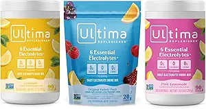 Ultima Replenisher Electrolyte Powder Drink Bundle - Sugar Free - Lemonade, Pink Lemonade, Variety- 90 Servering, 20 Stickpack- 6 Elektrolyter og mineraler - Keto Friendly, Vegan, Non- GMO