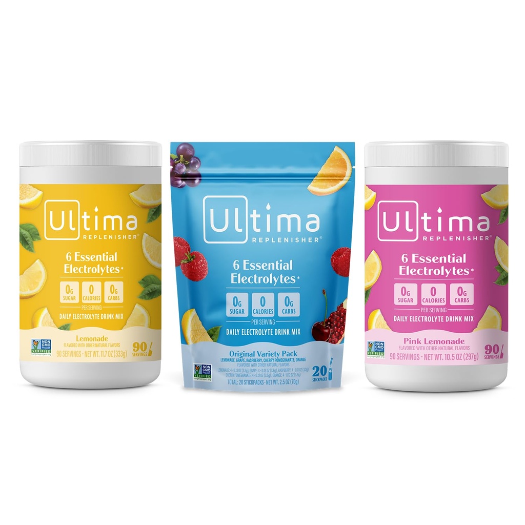 Ultima Replenisher Electrolyte Powder Drink Bundle - Sugar Free - Lemonade, Pink Lemonade, Variety- 90 Servering, 20 Stickpack- 6 Elektrolyter og mineraler - Keto Friendly, Vegan, Non- GMO