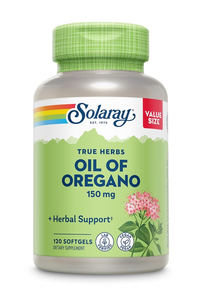 SOLARAY Oil of Oregano Softgels 150 mg - Oregano Oil supplement til kraftfuld wellness support - Gentle fordøjelse - Ekstra Virgin Olivenolie Base - Vegan, 60- dag garanti - 120 Servere, 120 Softgels