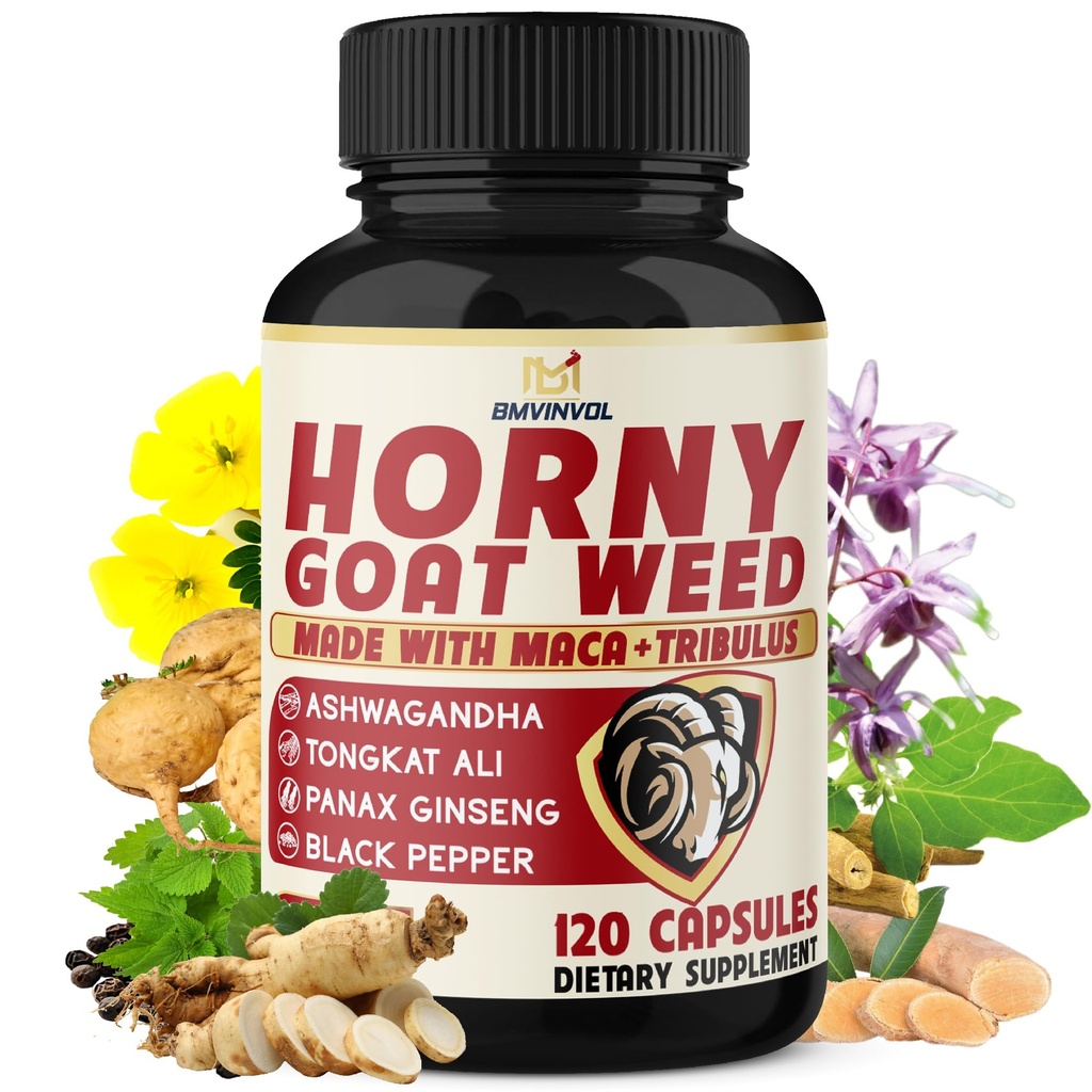 BMVINVOL Horny Goat Weed for mænd og kvinder med Maca, Tribulus, Ginseng, Ashwagandha, Tongkat Ali - 120 kapsler til 4 Måned Supply