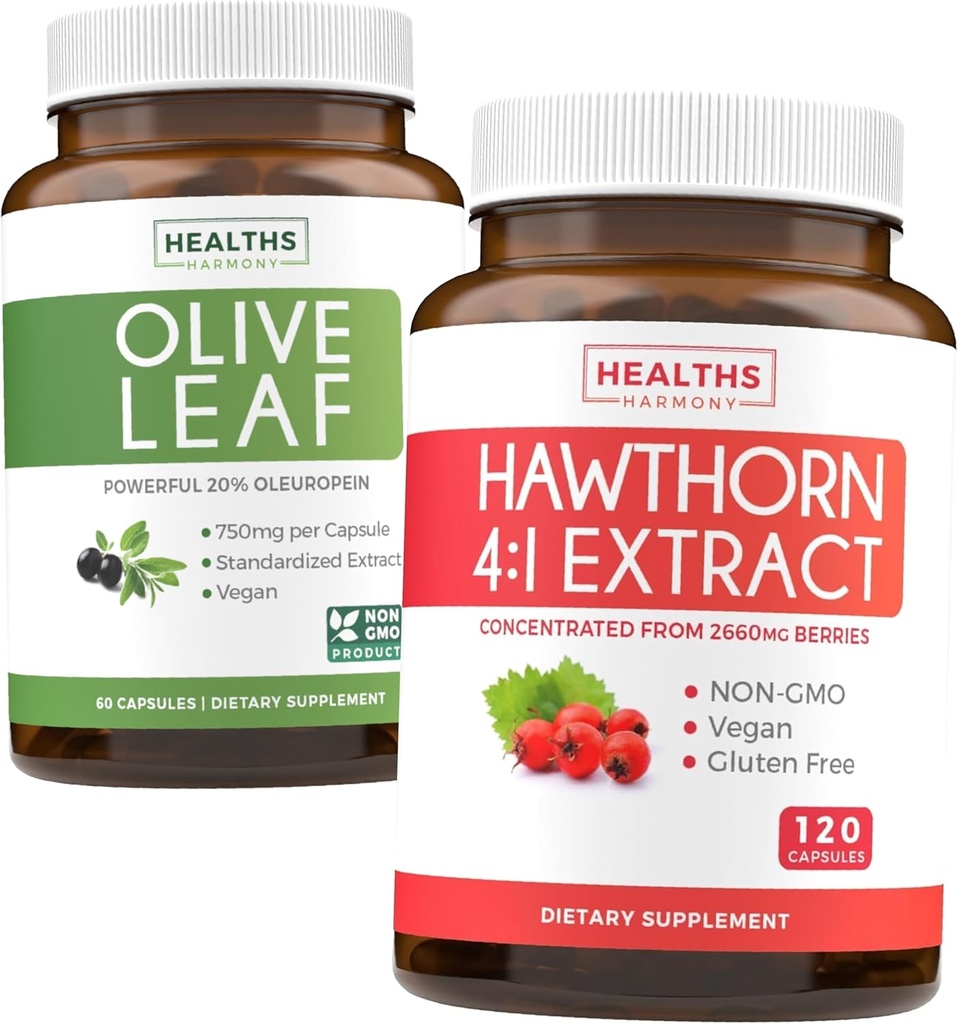 Bundle of Olive Leaf Extract & Hawthorn Berry Extarct - Sunde urter Bundle - Olive Leaf Extract med 20% Oleuropein & Hawthorn Berry 4: 1 Extract - Koncentreret fra 2660mg Friske bær (120 Caps)