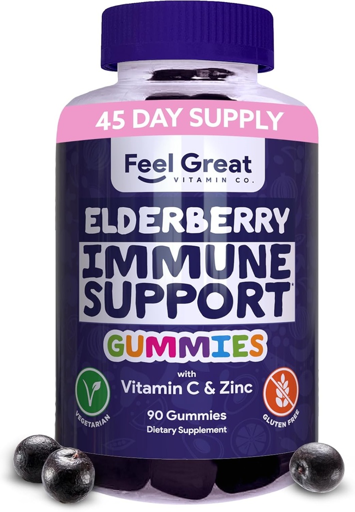 Feel Great Sambucus Elderberry Gummies with Zinc and Vitamin C for Adults | Immune Support Booster | Berry Flavored Vegan Supplement | 90 Day Supply