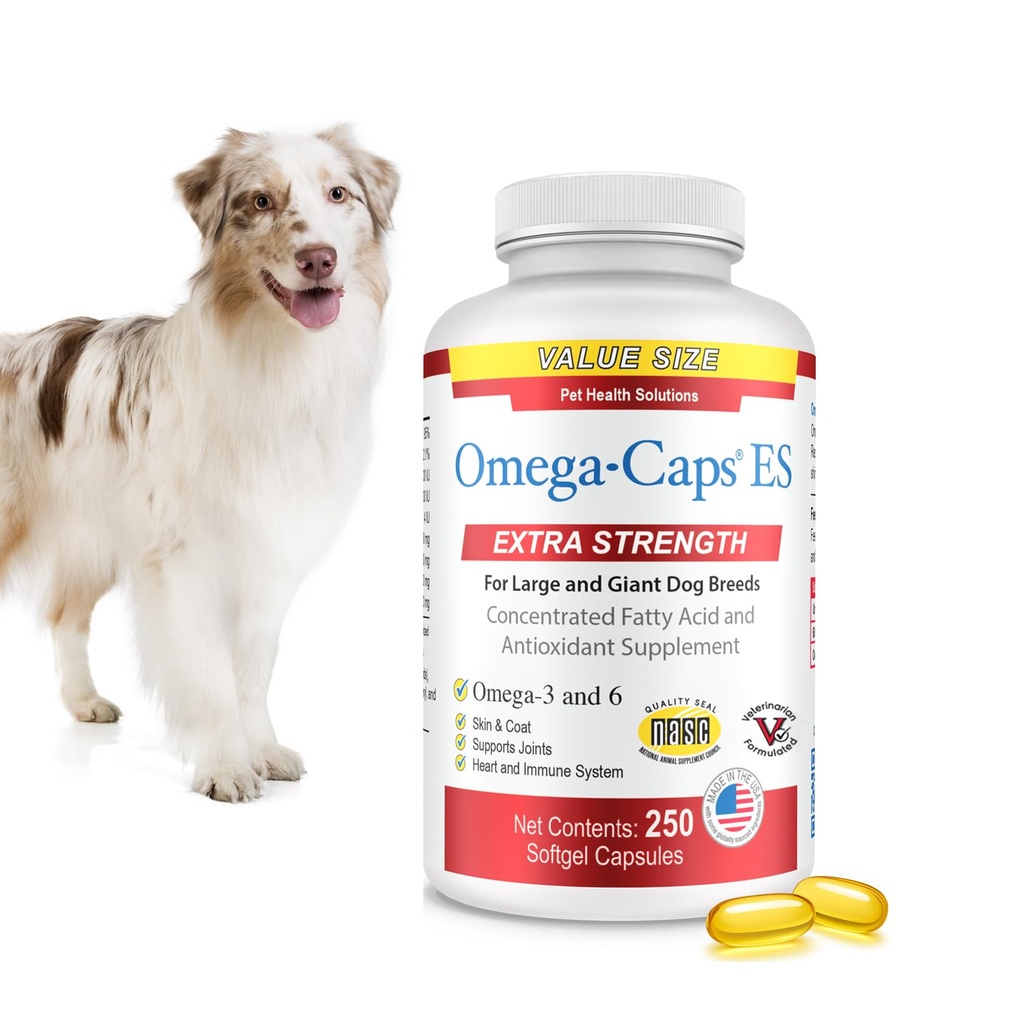 Omega- Caps ES for Large & Giant Dogs - Omega 3, Vitamin, Mineraler, Antioxidanter - Support immunsystem, Joints, Heart, og Brain - 250 Softgel kapsler