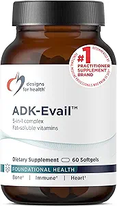 Designs for Health ADK Evail - 5000 IE VIT D3 med Vitaminer A, E (Annatto Gamma Delta Tocotrienols), K (K1 + K2) - Fat Opløselig D-vitamin Complex - Bone + immunforsvar - Non-GMO (60 Softgels)