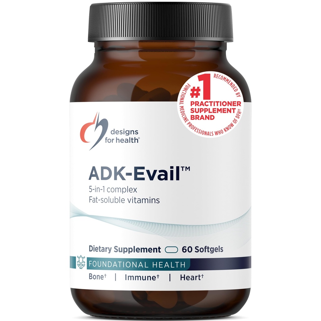 Designs for Health ADK Evail - 5000 IE VIT D3 med Vitaminer A, E (Annatto Gamma Delta Tocotrienols), K (K1 + K2) - Fat Opløselig D-vitamin Complex - Bone + immunforsvar - Non-GMO (60 Softgels)