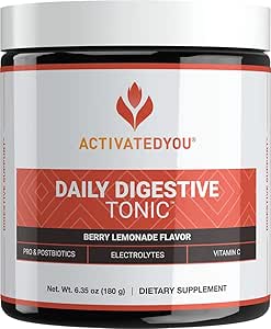 ACTIVATEDYE Daglig fordøjelsestonic Kombucha - Støtte sund fordøjelse og ungdommelig, Longt- Langtidsenergi- Prebiotic Fiber, Probiotika, Postbiotika, C-vitamin, Berry Lemonade Flavor (30 Servere)