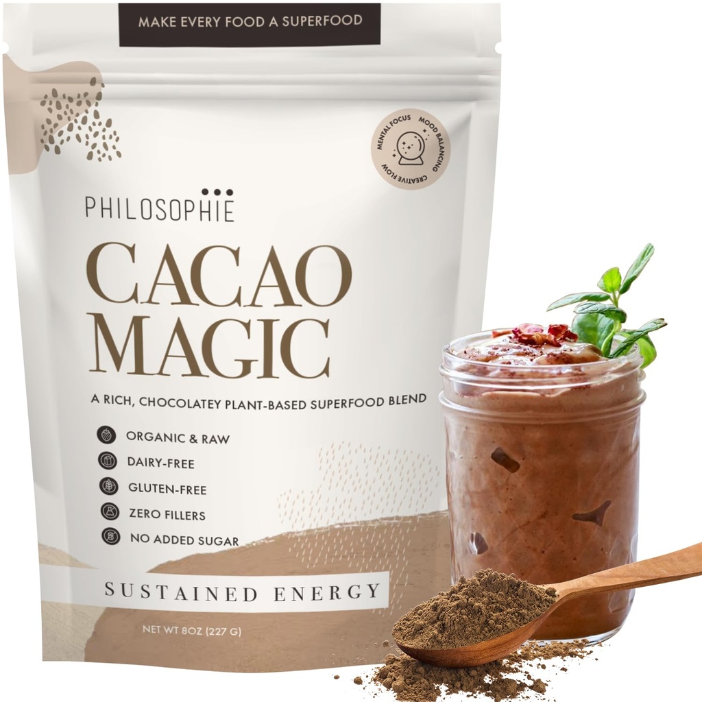 Philosophie Organic Cacao Magic Superfood Blend - Plantbaseret protein pulver med rå Cacao, Reishi Mushroom & Maca Root - Usødet Vegansk Chokolade supplement, 32 Servering