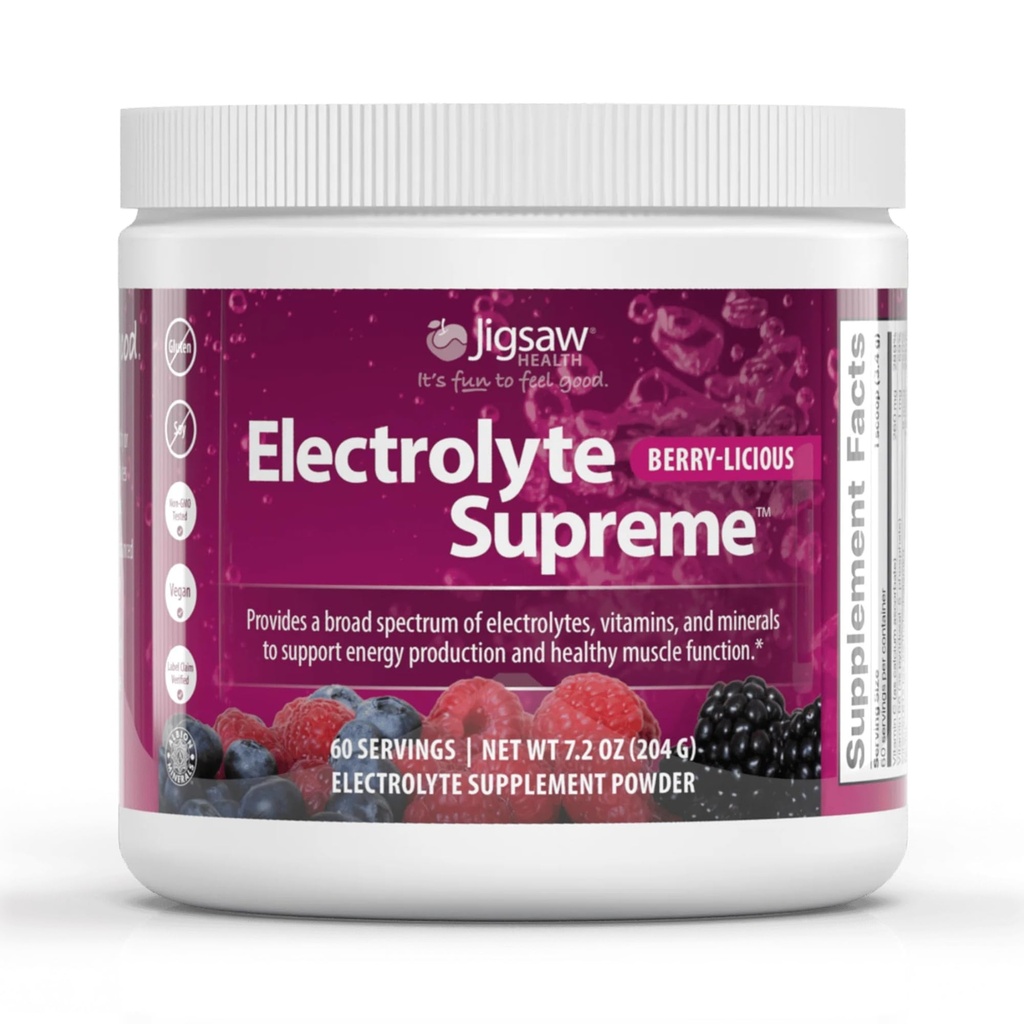 Jigsaw Health Electrolyte Supreme against 124; Broad Spectrum of Electrolytes + Trace Minerals against 124; Berry- Licious Flavor against 124; 60 Serveringer (Jar)