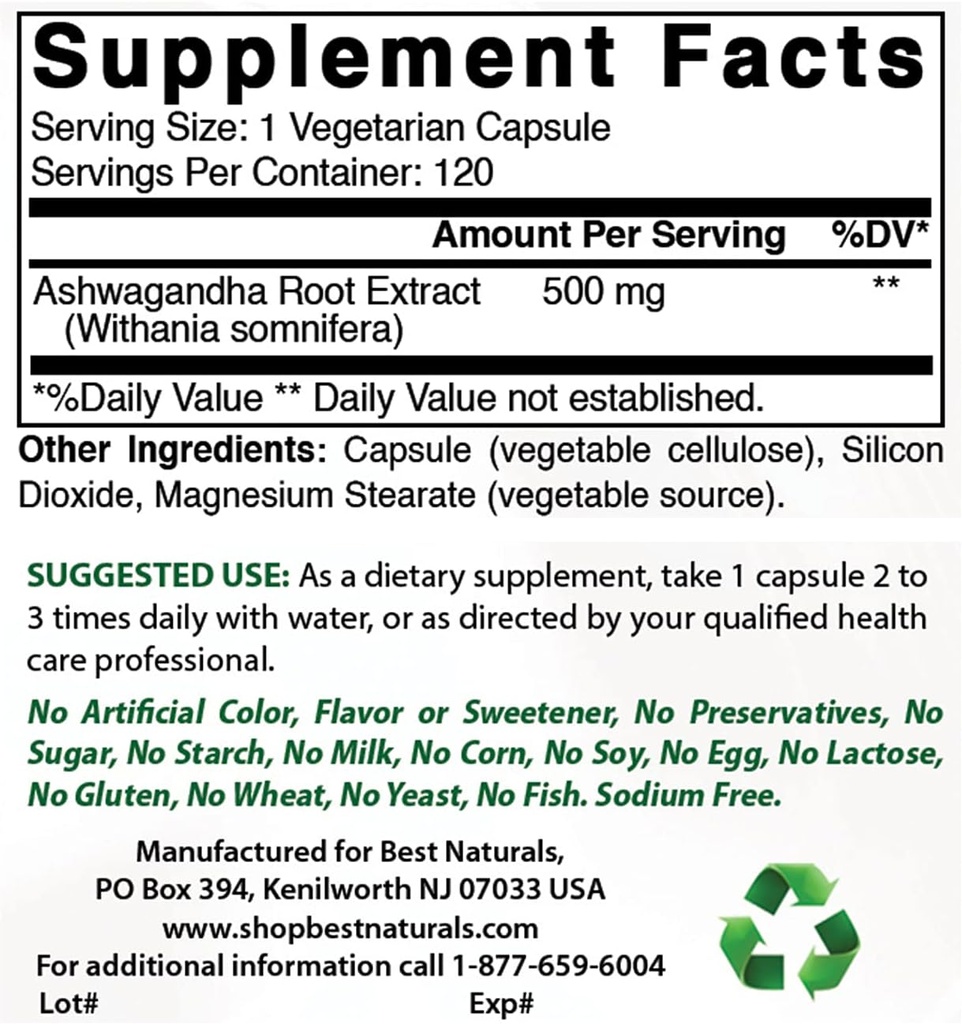 Bedste Naturals Ashwagandha Extract 500 Mg & Zink Gluconate 50mg