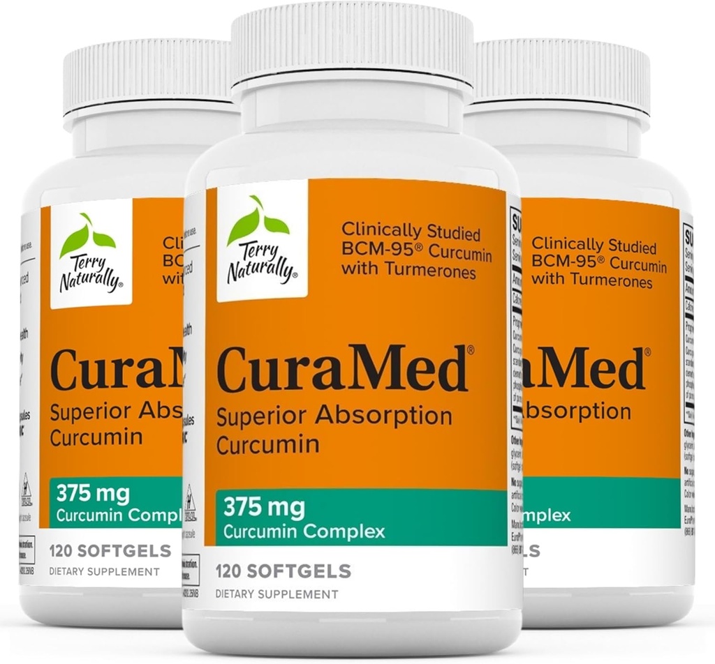 Terry naturligt CuraMed 375mg - Antioxidant supplement til hjerne og immunforsvar - Kosttilskud med curcumin & gurkemeje Essential Oil - Urteleverstøtte - 120 Softgels (pakke med 3)