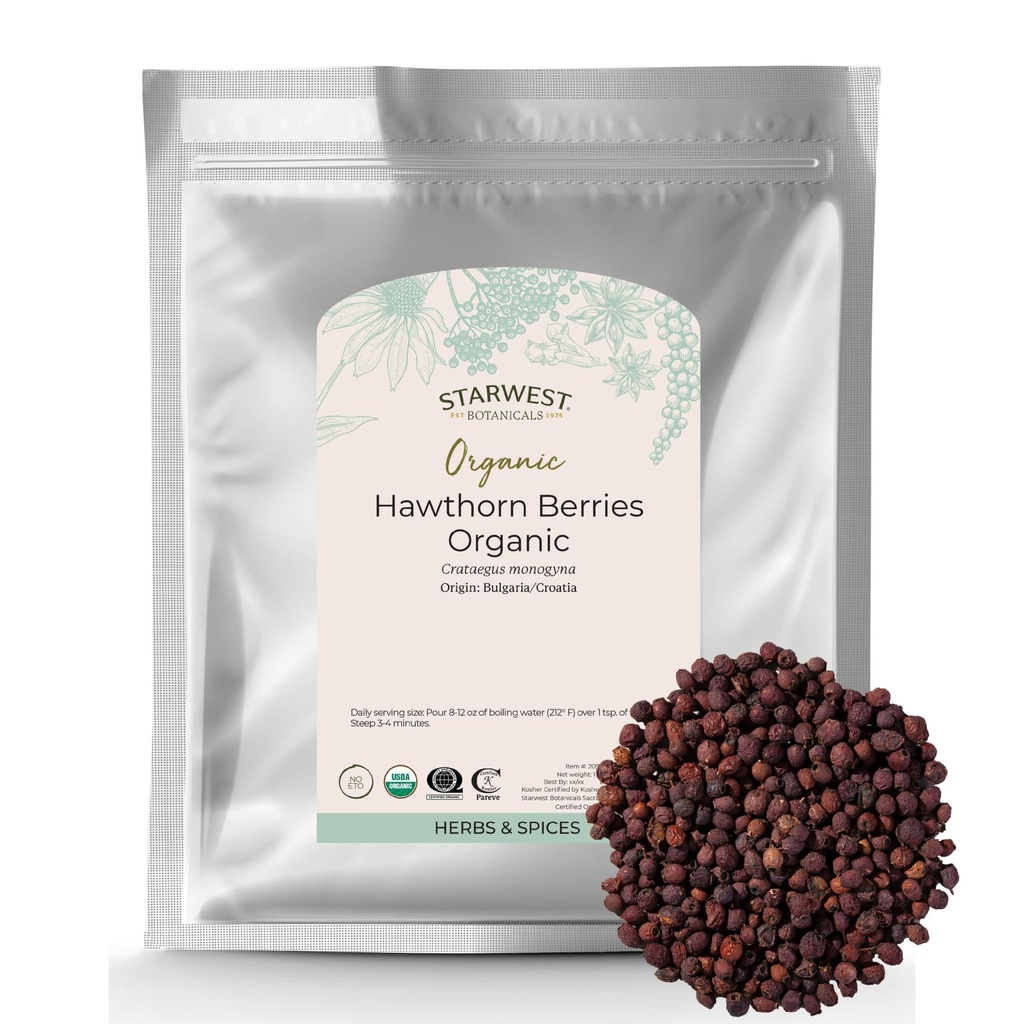 Starwest Botanicals Organic Hawthorn Berries Whole - Tørret Loose Leaf Herb for te, Jam, & Herbal Ekstrakter, Naturlig fordøjelsesstøtte, Certificeret Kosher, Non- GMO - Bulk 1 LB Bag
