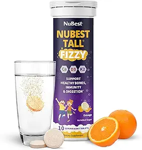 NuBest Tall Fizzy - Knoglestyrke, Immunitet, fordøjelsessygdom for børn alder 4 + & Teens; Probiotisk, Calcium, Magnesium fra røde Marine Algae, Vitaminer; 124; 10 Orange Effervescent tabletter