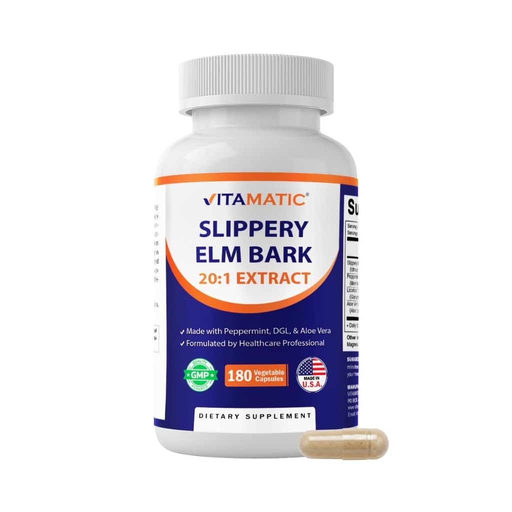 Vitamatisk Slippery Elm Bark 10000 mg Ækvivalent Per Servering (fra 20: 1 Extract 500 mg), Fremstillet med pebermynte, DGL, & Aloe Vera - 180 Veg kapsler, og koncentreret 20X potens