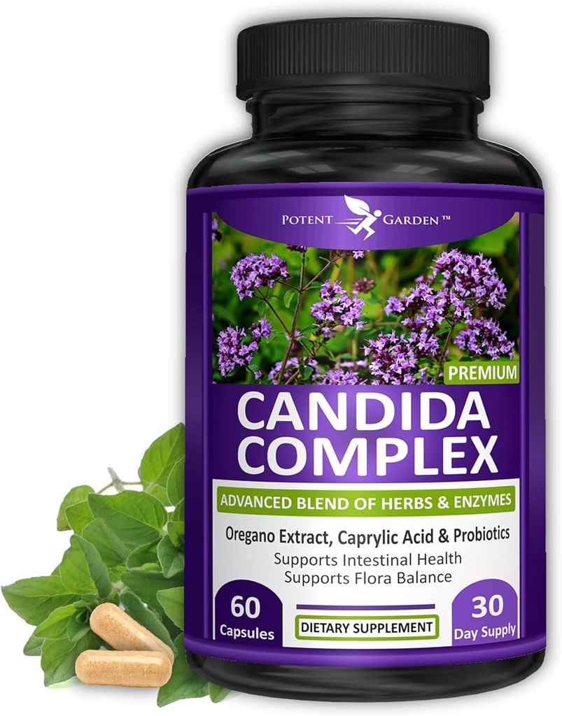 Potent Garden Candida Complex - Oregano og Captain Acid Blend, Gut Flora Balance Complex, Intestinal Health & immunforsvar med urter & probiotika, Gut Health Kosttilskud til kvinder & mænd 60 Greve