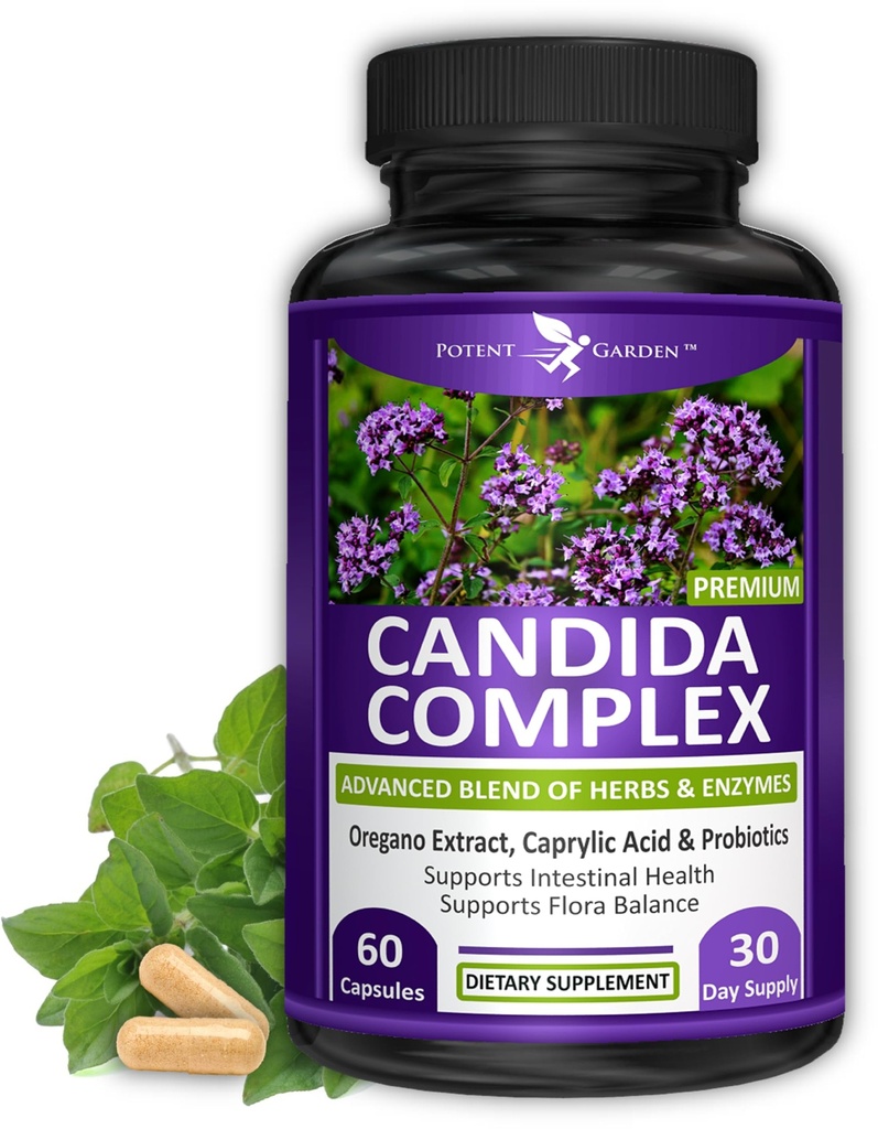 Potent Garden Candida Complex - Oregano og Captain Acid Blend, Gut Flora Balance Complex, Intestinal Health & immunforsvar med urter & probiotika, Gut Health Kosttilskud til kvinder & mænd 60 Greve