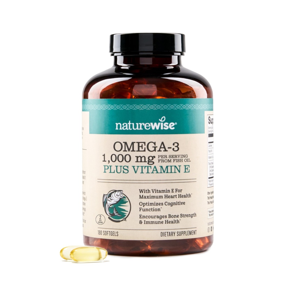 NatureWise Extra- Strength Omega 3 Fish Oil Supplement - 1000mg per servering - 600 EPA & 400 DHA og E-vitamin - Støtte til hjerte & hjerne sundhed - Lemon Flavor, GMO- Free - 180 Softgels [3-måned Supply]