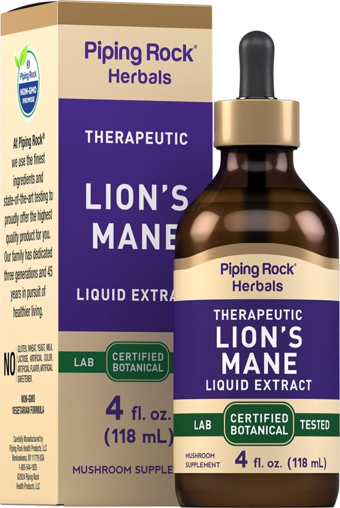 Piping Rock Lions Mane Tincture MSD 124; 4 Fl Oz MSD 124; Mushroom Extract Liquid Drops MSD 124; Alkohol Free Supplement MSD 124; Vegetarisk, Non- GMO, Gluten Free