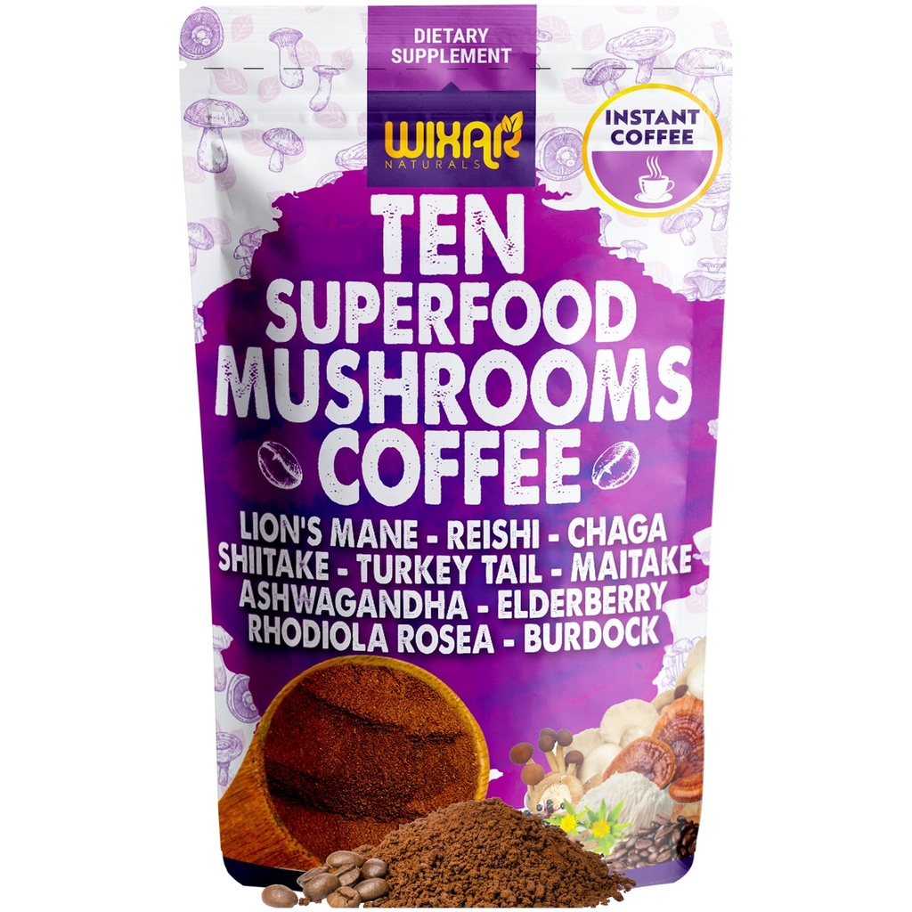 WIXAR Superfood Mushroom Kaffe - Instant Coffee Powder, Ten Superfood Udtrækker med løvens Mane, Tyrkiet Tail, Reishi, Chaga, Shiitake, Ashwagandha, Rhodiola Rosea, Elderberry, 5oz Mushroom Supplement