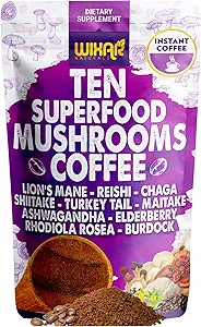 WIXAR Superfood Mushroom Kaffe - Instant Coffee Powder, Ten Superfood Udtrækker med løvens Mane, Tyrkiet Tail, Reishi, Chaga, Shiitake, Ashwagandha, Rhodiola Rosea, Elderberry, 5oz Mushroom Supplement