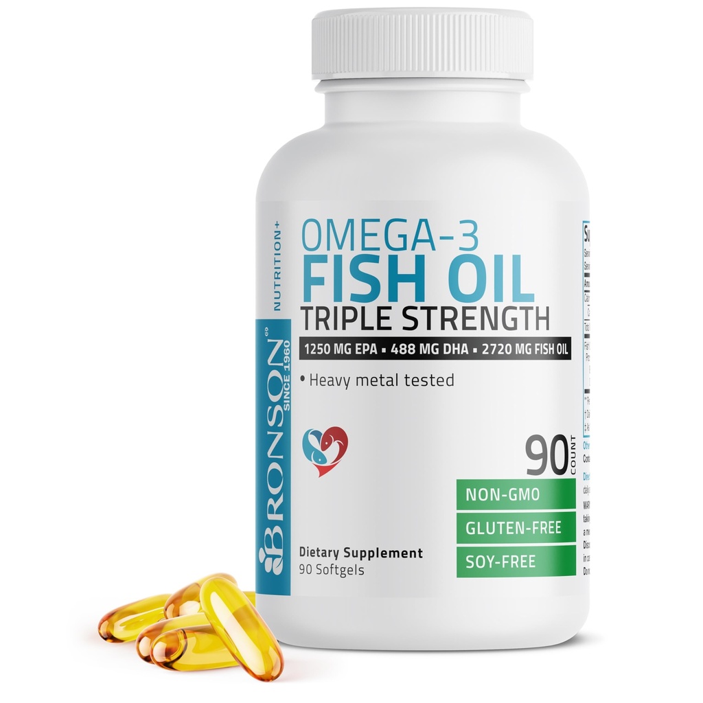 Bronson Omega 3 Fish Oil Triple Styrke 2720 mg, High EPA 1250 mg DHA 488 mg, Non- GMO Heavy Metal Tested, 90 Softgels