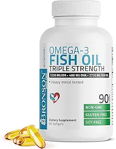 Bronson Omega 3 Fish Oil Triple Styrke 2720 mg, High EPA 1250 mg DHA 488 mg, Non- GMO Heavy Metal Tested, 90 Softgels
