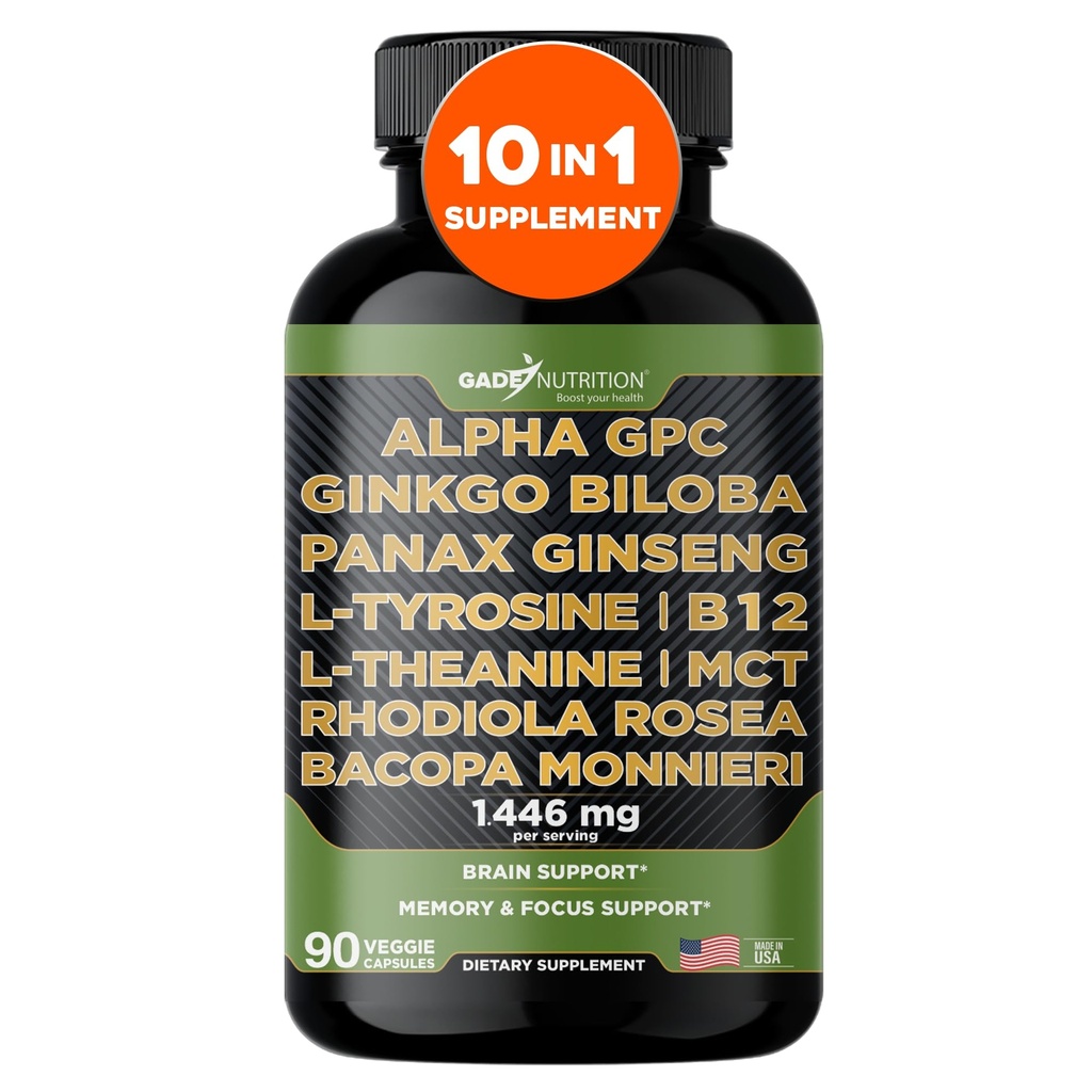 Gade Nutrition Alpha GPC + Ginkgo Biloba + Panax Ginseng + L - Tyrosine, L- Theanine, Bocopa Monnieri, Rhodiola Rosea, B12, MCT