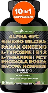 Gade Nutrition Alpha GPC + Ginkgo Biloba + Panax Ginseng + L - Tyrosine, L- Theanine, Bocopa Monnieri, Rhodiola Rosea, B12, MCT