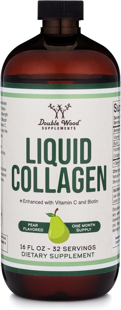 Dobbelt Wood Supplements Liquid Collagen - 2500mg hydrolyseret Bovin Collagen (type 1, 3 og Grassfed) - 32 Servering - for kvinder og mænd - 30 mcg Biotin - Sukker Free Pære Flavor