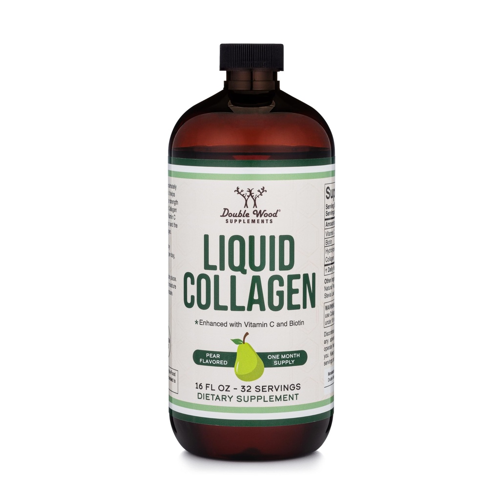 Dobbelt Wood Supplements Liquid Collagen - 2500mg hydrolyseret Bovin Collagen (type 1, 3 og Grassfed) - 32 Servering - for kvinder og mænd - 30 mcg Biotin - Sukker Free Pære Flavor
