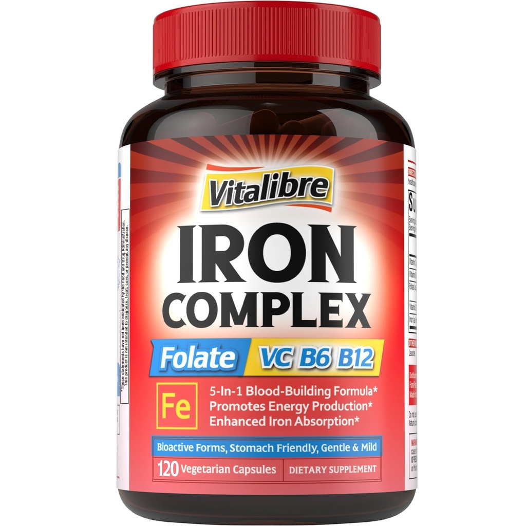 Iron Supplement for kvinder & mænd, med Vitamin C, B6, B12 & Folate for Iron Deficiency, Blood Building & Energy Support, Mave Friendly, Better Absorption, Non- GMO, No Gluten, 120 Vegan Caps