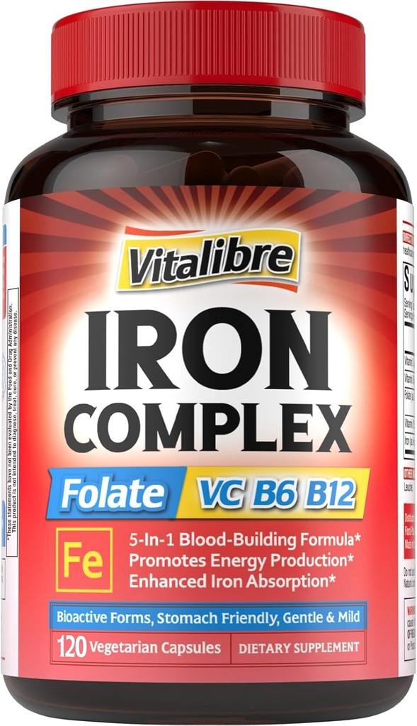 Iron Supplement for kvinder & mænd, med Vitamin C, B6, B12 & Folate for Iron Deficiency, Blood Building & Energy Support, Mave Friendly, Better Absorption, Non- GMO, No Gluten, 120 Vegan Caps