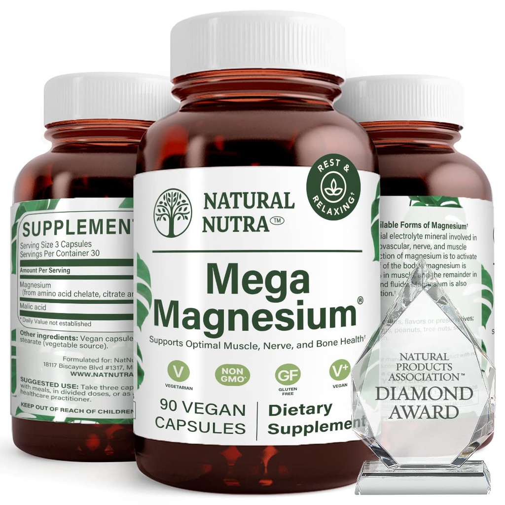 Naturlig Nutra Mega Magnesium 400mg tillæg - Høj Absorption Aminosyrechelat, Bedre Vibes, Citrate, Malat Blend for Muskelvækst, Knoglestyrke, Heart Health, Nerve Support - 90 Kapsler